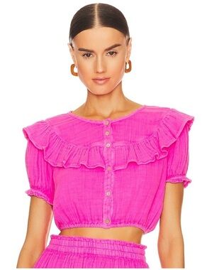 LoveShackFancy Elania Ruffled Crop Top in flirty fuschia